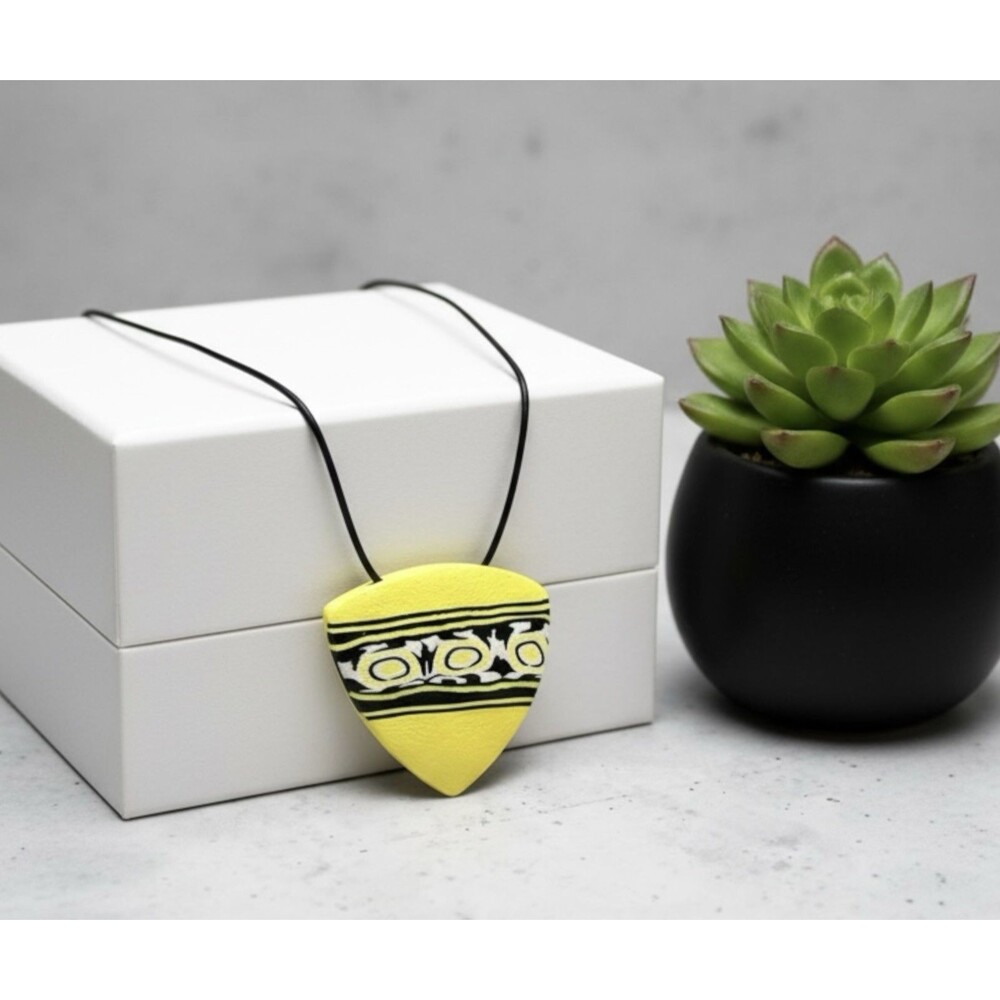 Yellow Black White Graphic Print Handmade Polymer Clay LG Pendant Necklace Cord
